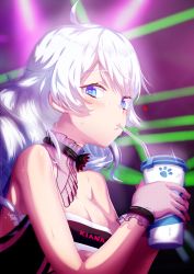 Rule 34 | 1girl, alternate costume, bandeau, bare shoulders, blue eyes, blush, breasts, character name, cleavage, collar, cup, dev (dev0614), drinking, drinking straw, gloves, highres, holding, holding cup, honkai (series), honkai impact 3rd, kiana kaslana, kiana kaslana (valkyrie ranger), large breasts, lights, looking at viewer, see-through, solo, sweat, underboob, upper body, white hair