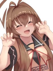 Rule 34 | 1girl, ahoge, blush, brown hair, claw pose, closed eyes, fangs, hair between eyes, highres, honmakaina kudou, huge ahoge, kantai collection, kuma (kancolle), long hair, open mouth, red neckwear, sailor collar, short sleeves, sidelocks, simple background, solo, upper body, white background