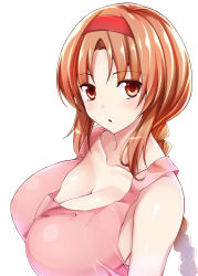 Rule 34 | 1girl, braid, breasts, brown hair, cleavage, d-frag!, hairband, huge breasts, large breasts, long hair, looking at viewer, mushi024, red eyes, simple background, single braid, solo, takao (d-frag!), white background