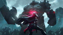 Rule 34 | 1boy, 1girl, absurdres, armor, army, axe, battle, black hair, facing away, floating hair, glowing, glowing eyes, grey sky, height difference, highres, holding, holding axe, holding own arm, injury, irelia, jason chan, league of legends, long hair, looking at another, looking down, looking up, monster, official art, red eyes, shoulder armor, sion (league of legends), sky, torn clothes, war