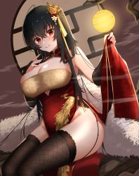 Rule 34 | 1girl, ahoge, azur lane, bare shoulders, black hair, black thighhighs, blush, breasts, bridal gauntlets, china dress, chinese clothes, chinese new year, cleavage, cleavage cutout, clothing cutout, dress, hair between eyes, hair ornament, highres, kuwahara taiki, large breasts, long hair, looking at viewer, official alternate costume, red dress, red eyes, smile, solo, taihou (azur lane), taihou (phoenix&#039;s spring song) (azur lane), thighhighs, thighs, very long hair