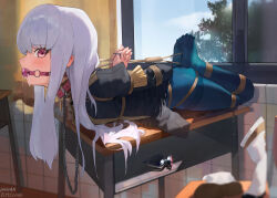 240mmap arms_behind_back ball_gag bdsm blue_pantyhose bondage bound bound_arms bound_legs butt_plug chain collar fire_emblem fire_emblem:_three_houses gag highres hogtie indoors leash long_hair lying lysithea_von_ordelia nintendo on_stomach on_table pantyhose piercing pink_eyes restrained sex_toy shibari shibari_over_clothes skirt table white_hair