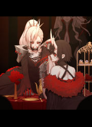 Rule 34 | 3girls, black dress, black hair, breasts, cannibalism, claws, cleavage, colored sclera, colored skin, corruption, dishwasher1910, dress, eating, eyeball, flower, fork, fur trim, gloves, grimm (rwby), heart, horns, looking at viewer, looking back, multiple girls, pale skin, red eyes, red sclera, rose, ruby rose, rwby, salem (rwby), saucer, scone, single horn, spoon, teapot, utensil in mouth, veins, weiss schnee, white hair, white skin, yellow pupils