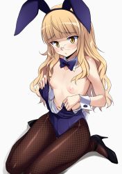 Rule 34 | 1girl, animal ears, black footwear, blonde hair, blue leotard, bow, bowtie, breasts, brown pantyhose, detached collar, fake animal ears, fishnet pantyhose, fishnets, glasses, high heels, highres, leotard, long hair, looking at viewer, momendoufu, nipples, pantyhose, perrine h. clostermann, playboy bunny, rabbit ears, rabbit tail, shoes, simple background, sitting, small breasts, solo, strike witches, tail, white background, world witches series, wrist cuffs, yellow eyes