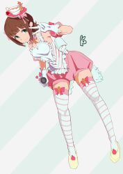 Rule 34 | 1girl, amami haruka, bare shoulders, bloomers, blue bow, bow, bowtie, breasts, brown hair, ch2haya p, closed mouth, cup, detached sleeves, dress bow, frilled shirt, frills, full body, gloves, green eyes, hair bow, hair ornament, hair ribbon, hand up, holding, holding microphone, idolmaster, idolmaster (classic), idolmaster million live!, idolmaster million live! theater days, looking at viewer, medium breasts, microphone, pink bloomers, pink ribbon, pink sleeves, plate, red ribbon, ribbon, shirt, shoes, short hair, signature, sleeveless, sleeveless shirt, smile, solo, standing, striped background, striped bow, striped bowtie, striped clothes, striped shirt, striped thighhighs, teacup, teaspoon, thighhighs, two-tone background, two-tone bowtie, two-tone thighhighs, underwear, v, white gloves, white shirt, yellow footwear