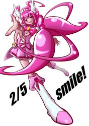 Rule 34 | 10s, 1girl, ahoge, boots, choker, cure happy, dress, head wings, hoshizora miyuki, kaminako (spiral-vibration), long hair, magical girl, outstretched hand, pink dress, pink eyes, pink hair, pink theme, precure, simple background, skirt, smile, smile precure!, solo, tiara, white background, wings