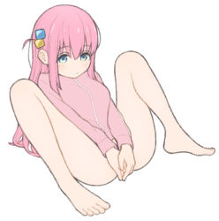Rule 34 | 1girl, au arigatou, bare legs, barefoot, blue eyes, bocchi the rock!, bottomless, commentary, covering crotch, covering privates, cube hair ornament, expressionless, feet, full body, gotoh hitori, hair ornament, highres, jacket, legs, long hair, long sleeves, looking at viewer, m legs, one side up, pink hair, pink jacket, pink track suit, side ahoge, simple background, solo, thighs, toes, track jacket, white background