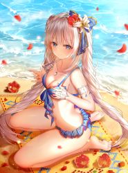Rule 34 | 1girl, ass, bare legs, bare shoulders, barefoot, beach, bikini, blue bikini, blue bow, blue eyes, blush, bow, breasts, butt crack, cleavage, closed mouth, collarbone, day, fate/grand order, fate (series), fingernails, flower, hair between eyes, hair bow, hair flower, hair ornament, highres, jewelry, junpaku karen, long hair, marie antoinette (fate), marie antoinette (swimsuit caster) (third ascension) (fate), md5 mismatch, medium breasts, motion blur, nail polish, outdoors, pendant, petals, pulling own clothes, red flower, red nails, resolution mismatch, sand, seiza, sidelocks, silver hair, sitting, smile, soles, solo, source larger, strap pull, striped, striped bow, swimsuit, twintails, very long hair, water, white flower