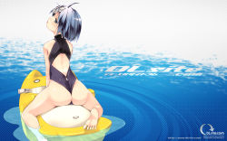 Rule 34 | 1girl, :p, afloat, ahoge, ass, back, backless outfit, bare back, barefoot, blue background, blue eyes, blue hair, blush, casual one-piece swimsuit, clothes writing, dlsite.com, elle sweet, eyelashes, feet, from behind, gradient background, halftone, halftone background, halterneck, head tilt, highleg, highleg swimsuit, highres, inflatable toy, looking at viewer, looking back, matching hair/eyes, narrow waist, one-piece swimsuit, one-piece thong, profile, refeia, riding, ripples, short hair, soles, solo, spread toes, straddling, swimsuit, toes, tongue, tongue out, turtleneck, wallpaper, water, watermark, web address, wedgie, wet, zipper