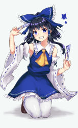 Rule 34 | 1girl, alternate color, arm ribbon, arm up, armpits, ascot, bare shoulders, blue bow, blue dress, blue eyes, blue ribbon, blush, bow, breasts, brown footwear, brown hair, commentary request, detached sleeves, dress, frilled bow, frilled shirt collar, frills, full body, grey background, grin, hair bow, hakurei reimu, half updo, hand up, head tilt, highres, holding, kneeling, letterboxed, looking at viewer, monrooru, ofuda, petticoat, player 2, ribbon, ribbon-trimmed legwear, ribbon-trimmed sleeves, ribbon trim, shadow, shiny clothes, shiny legwear, shoes, short hair, sidelocks, simple background, small breasts, smile, solo, star (symbol), thighhighs, thighs, touhou, white thighhighs, yellow ascot