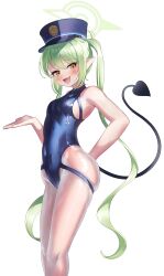 Rule 34 | 1girl, absurdres, bare arms, bare shoulders, black hat, black one-piece swimsuit, black tail, blue archive, blush, breasts, competition swimsuit, demon tail, fang, feet out of frame, green hair, green halo, halo, hat, highres, long hair, looking at viewer, nozomi (blue archive), one-piece swimsuit, open mouth, peaked cap, pointy ears, shirosaba, simple background, skin fang, small breasts, smile, solo, swimsuit, tail, white background, yellow eyes