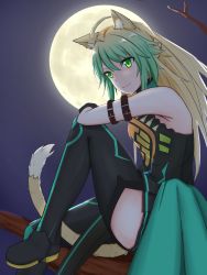 Rule 34 | 1girl, ahoge, animal ear fluff, animal ears, atalanta (fate), bare shoulders, black gloves, blonde hair, boots, braid, cat ears, cat tail, crown braid, fate/grand order, fate (series), from side, full body, gloves, green eyes, green hair, hair between eyes, highres, in tree, knee to chest, long hair, looking at viewer, multicolored hair, naliliko, sitting, sitting in tree, smile, solo, tail, thigh boots, thighhighs, thighs, tree