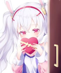 Rule 34 | 1girl, animal ears, azur lane, bare shoulders, blush, box, breasts, camisole, commentary request, covered mouth, door, gift, gift box, hair between eyes, hair ornament, hairband, heart-shaped box, holding, holding gift, jacket, kokone (coconeeeco), laffey (azur lane), long hair, off shoulder, open clothes, open door, open jacket, pink jacket, rabbit ears, red eyes, red hairband, silver hair, simple background, small breasts, solo, twintails, white background, white camisole