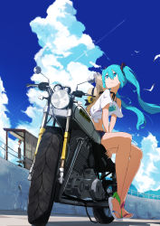Rule 34 | 1girl, absurdres, aqua eyes, aqua hair, bird, blue sky, bus stop sign, cloud, contrail, day, artistic error, flower, from below, hat, hat flower, hatsune miku, headlight, highres, long hair, looking away, looking up, midriff, motor vehicle, motorcycle, mountain, navel, outdoors, pre sktch, road sign, sandals, seagull, shirt, short shorts, shorts, sign, sitting, sky, smile, solo, straw hat, sunflower, t-shirt, tire, train station, twintails, vocaloid, white shirt, wrong foot