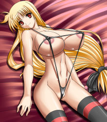 Rule 34 | 00s, 1girl, ahoge, areola slip, bed, black thighhighs, blonde hair, bow, breasts, covered erect nipples, fate testarossa, from above, groin, hair bow, hajime shindo, huge breasts, long hair, low-tied long hair, lying, lyrical nanoha, mahou shoujo lyrical nanoha, mahou shoujo lyrical nanoha strikers, on back, partially visible vulva, ponytail, pussy, red eyes, sagging breasts, slingshot swimsuit, smile, solo, swimsuit, thighhighs, uncensored, very long hair