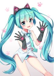Rule 34 | 1girl, animal ears, aqua hair, black gloves, blush, cat ears, cowboy shot, elbow gloves, gloves, green eyes, hatsune miku, highres, long hair, mk82 (hoonsyh), necktie, no pants, open mouth, panties, solo, striped clothes, striped panties, twintails, underwear, very long hair, vocaloid, white background