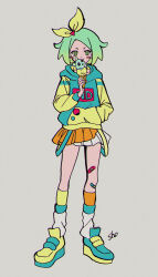 Rule 34 | 1girl, artist name, bandaid, bandaid on leg, blue hoodie, bow, chuppe, commentary request, food, foodification, full body, green eyes, green hair, grey background, hair bow, hand in pocket, hand up, holding, holding food, hood, hood down, hoodie, ice cream cone, idol time pripara, leg warmers, long sleeves, looking at viewer, miniskirt, nijiiro nino, orange skirt, pleated skirt, pretty series, pripara, qing (sankakuosushi), shoes, short hair, simple background, skirt, sneakers, solo, standing, yellow bow