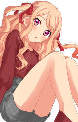 Rule 34 | 1girl, absurdres, aikatsu! (series), bare legs, blouse, blush, character request, feet out of frame, female focus, grey shorts, hair ribbon, high heels, highleg shorts, highres, legs together, long hair, long sleeves, looking at viewer, multicolored eyes, orange hair, parted lips, purple eyes, red footwear, red ribbon, red shirt, ribbon, sekina, shirt, shorts, simple background, sitting, solo, two side up, white background, wide-eyed