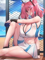 Rule 34 | 1girl, absurdres, azur lane, bare shoulders, blush, bow, breast press, breasts, bremerton (azur lane), bremerton (scorching-hot training) (azur lane), chain-link fence, cleavage, crop top, crop top overhang, fence, grey hair, hair between eyes, hair bow, hair ornament, hairclip, heart, heart necklace, highres, huge breasts, jewelry, k jin, large breasts, long hair, looking at viewer, multicolored hair, necklace, pink eyes, pink hair, sitting, smile, solo, sportswear, streaked hair, tennis uniform, twintails, two-tone hair, two-tone shirt, two-tone skirt, x hair ornament