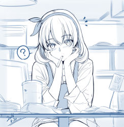 Rule 34 | 10s, 1girl, 2016, ?, ^^^, blue theme, blush, dated, drinking straw, eyebrows, fast food, food, french fries, hair between eyes, head rest, head tilt, highres, indoors, looking at viewer, monochrome, mouth hold, original, shirt, sitting, solo, spoken question mark, table, warabino matsuri