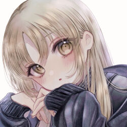 Rule 34 | 1girl, black jacket, black nails, blonde hair, blush, embarrassed, eyelashes, fingernails, head tilt, highres, jacket, long hair, long sleeves, looking at viewer, nijisanji, official alternate costume, parted bangs, parted lips, sakurazawa (sakuracandy123), simple background, sister claire, sister claire (9th costume), solo, straight hair, surprised, upper body, virtual youtuber, white background