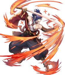 Rule 34 | 1boy, attack, bare shoulders, blue hair, fire emblem, fire emblem engage, fire emblem heroes, h, hair ornament, hair over one eye, hair up, hairclip, highres, holding, holding sheath, holding sword, holding weapon, japanese clothes, kagetsu (fire emblem), katana, nintendo, non-web source, official art, open mouth, sandals, sheath, smile, solo, sword, teeth, v-shaped eyebrows, weapon