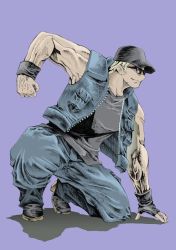 Rule 34 | 1boy, blonde hair, clark still, full body, glasses, male focus, military, military uniform, purple background, simple background, snk, solo, the king of fighters, uniform