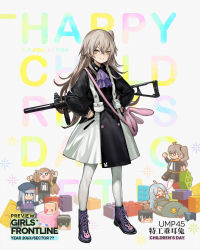 Rule 34 | 1girl, 404 (girls&#039; frontline), aged down, alternate costume, ascot, bag, black dress, boots, brown eyes, character name, collared dress, cross-laced footwear, crossed bangs, curly hair, dress, full body, girls&#039; frontline, grey hair, gun, h&amp;k ump, h&amp;k ump, hair between eyes, hair ornament, hands on own hips, heckler &amp; koch, infukun, lace-up boots, long hair, looking at viewer, official alternate costume, official art, one side up, pantyhose, purple ascot, purple footwear, scar, scar across eye, scar on face, shoulder bag, smile, smug, submachine gun, two-tone dress, ump45 (agent lop rabbit) (girls&#039; frontline), ump45 (girls&#039; frontline), weapon, weapon on back, white dress, white pantyhose