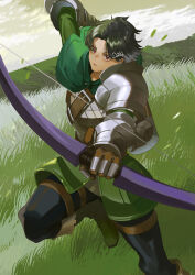 Rule 34 | 1boy, armor, boots, bow (weapon), cloak, commentary request, green cloak, green footwear, green hair, holding, holding bow (weapon), holding weapon, male focus, noki (affabile), on grass, outdoors, pauldrons, red eyes, rolf (unicorn overlord), scale armor, shoulder armor, single pauldron, solo, unicorn overlord, weapon