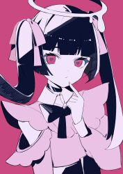 Rule 34 | 1girl, black choker, black hair, black ribbon, blunt bangs, choker, closed mouth, darling dance (vocaloid), detached sleeves, expressionless, geometry682, halo, heart, heart-shaped pupils, highres, jirai kei, long hair, looking at viewer, melting halo, pink background, pink eyes, pink ribbon, pink shirt, pink sleeves, ribbon, shirt, simple background, single tear, solo, symbol-shaped pupils, twintails, vocaloid, white halo