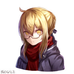 Rule 34 | 1girl, ahoge, artist name, artoria pendragon (fate), bad id, bad pixiv id, black jacket, black ribbon, blacktheif, blonde hair, braid, braided bun, cropped torso, fate/grand order, fate (series), glasses, hair between eyes, hair bun, hair ribbon, highres, jacket, looking at viewer, mysterious heroine x alter (fate), mysterious heroine x alter (first ascension) (fate), open clothes, open jacket, red scarf, ribbon, scarf, semi-rimless eyewear, short hair with long locks, sidelocks, simple background, solo, under-rim eyewear, upper body, white background, yellow eyes