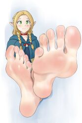 Rule 34 | 1girl, barefoot, blonde hair, blue cape, braid, cape, choker, closed mouth, crossed ankles, dungeon meshi, elf, feet, foot focus, foreshortening, green eyes, hair tubes, highres, light blush, long hair, marcille donato, pointy ears, red choker, shirow (mha03133), sitting, smiled, soles, toes, twin braids