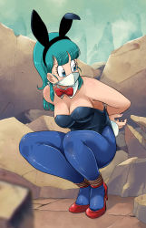 Rule 34 | 1girl, absurdres, arms behind back, bdsm, black leotard, blue eyes, blue hair, bondage, bound, bound wrists, breasts, bulma, cleavage, cloth gag, detached collar, dragon ball, gag, gagged, high heels, highres, improvised gag, leotard, long legs, lost one zero, medium breasts, over the nose gag, pantyhose, rabbit ears, submission