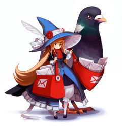 Rule 34 | 1girl, animal, bag, bail, bird, blonde hair, blue dress, brown eyes, buttons, commentary, dress, full body, hat, hat ribbon, highres, large buttons, layered dress, letter, long hair, long sleeves, looking at viewer, mailbag, mary janes, original, oversized animal, pantyhose, pigeon, puffy pants, red scarf, ribbon, scarf, shoes, smile, white background, white pantyhose, witch hat