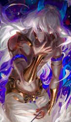 Rule 34 | 1boy, arjuna (fate), arjuna alter (fate), berserker (lostbelt), black eyes, blue background, chromatic aberration, cowboy shot, egawa akira, expressionless, fate/grand order, fate (series), hair over one eye, highres, horns, long hair, looking at viewer, male focus, topless male, solo, white hair