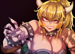 Rule 34 | 1girl, armlet, bare arms, bare shoulders, black collar, black nails, blonde hair, borrowed design, bowsette, bracelet, breasts, breath weapon, breathing fire, claw pose, cleavage, collar, colored eyelashes, constricted pupils, crown, evil grin, evil smile, eyebrows hidden by hair, fighting stance, fingernails, fire, forked eyebrows, grin, hands up, horns, jewelry, large breasts, long fingernails, looking at viewer, mario (series), nail polish, nintendo, pointy ears, sanpaku, serious, sharp fingernails, sharp teeth, sideboob, smile, solo, spiked armlet, spiked bracelet, spiked collar, spiked shell, spikes, strapless, super crown, tail, teeth, thick eyebrows, turtle shell, upper body, yumoteliuce