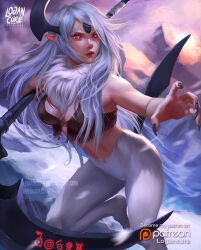 Rule 34 | 1girl, absol, absurdres, arm up, artist name, bare shoulders, barefoot, black nails, blue gemstone, blue horns, body fur, bottomless, breasts, brown shirt, character name, claws, commission, creatures (company), crop top, deviantart username, female focus, forehead jewel, fur collar, game freak, gem, gen 2 pokemon, gen 3 pokemon, glowing, glowing eyes, grey hair, highres, holding, holding scythe, horns, leg up, lips, logan cure, long hair, medium breasts, mountain, navel, nintendo, outdoors, outstretched arm, parted lips, patreon logo, patreon username, personification, pointy ears, pokemon, pokemon (creature), red eyes, scythe, shirt, sidelocks, signature, single horn, sleeveless, sleeveless shirt, solo, standing, standing on one leg, stomach, tail, teeth, twitter username, unown, unown a, unown b, unown l, unown o, unown s, unownglyphics, v-shaped eyebrows, watermark, web address, white fur