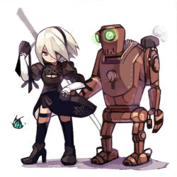 Rule 34 | 1girl, 2b (nier:automata), :|, black dress, black footwear, black gloves, black hairband, black thighhighs, blindfold, boots, breasts, bug, butterfly, cleavage, cleavage cutout, closed mouth, clothing cutout, dress, feather-trimmed sleeves, feather trim, full body, gloves, grey eyes, hair between eyes, hairband, hand up, high heel boots, high heels, highres, holding, holding blindfold, insect, katana, legs apart, looking at another, medium breasts, mole, mole under mouth, nier:automata, nier (series), pascal (nier:automata), robot, short hair, simple background, standing, sword, thigh strap, thighhighs, unworn blindfold, weapon, white background, white hair, yknsugar, zettai ryouiki