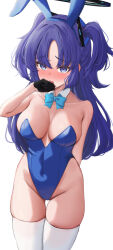 Rule 34 | 1girl, alternate costume, animal ears, aqua bow, aqua bowtie, arm behind back, bare shoulders, black gloves, blue archive, blue leotard, blush, bow, bowtie, breasts, cleavage, collarbone, commentary request, covered navel, detached collar, fake animal ears, gloves, groin, halo, highleg, highleg leotard, highres, konishi (kn4), large breasts, leotard, long hair, looking at viewer, nose blush, playboy bunny, purple eyes, purple hair, rabbit ears, simple background, skindentation, solo, strapless, strapless leotard, thigh gap, thighhighs, two side up, very long hair, white background, white thighhighs, yuuka (blue archive)