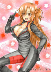 Rule 34 | 10s, 1girl, :d, alternate breast size, artist name, asuna (sao), biker clothes, bikesuit, blush, bodysuit, breasts, brown eyes, brown hair, cleavage, huge breasts, long hair, looking at viewer, marker (medium), open mouth, pink background, smile, solo, sword art online, takecha, traditional media