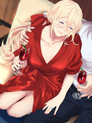 Rule 34 | 1boy, 1girl, admiral (kancolle), alcohol, black pants, blonde hair, blue eyes, blush, breasts, closed mouth, collarbone, cup, drinking glass, fingernails, highres, holding, holding cup, jewelry, kantai collection, large breasts, long hair, mole, mole under eye, mole under mouth, nail polish, pants, red nails, richelieu (kancolle), ring, shingyou (alexander-13), shirt, short sleeves, wedding band, white shirt, wine, wine glass