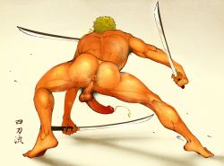 Rule 34 | 1boy, alterinku, anal hair, anus, armpit hair, ass, ass hair, back, bara, bouncing penis, completely nude, erection, fighting stance, from behind, green hair, male focus, male pubic hair, muscular, muscular male, nude, one piece, pee, peeing, peeing self, penis, precum, pubic hair, roronoa zoro, short hair, solo, testicles, thighs, translation request, triple wielding, uncensored