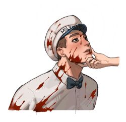 Rule 34 | 1boy, black bow, black bowtie, black eyes, blood, blood on clothes, blood on face, blood on hands, bow, bowtie, brown hair, collared shirt, commentary, disembodied hand, english commentary, francis mosses, grabbing another&#039;s chin, hand on another&#039;s chin, hat, highres, kaworinx, looking at another, looking to the side, male focus, milkman, open mouth, shirt, short hair, simple background, solo focus, that&#039;s not my neighbor, uniform, upper body, very short hair, white background, white hat, white shirt