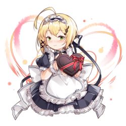 Rule 34 | 1girl, ahoge, alternate costume, apron, artist name, azur lane, black ribbon, blonde hair, blush, candy, character name, chocolate, chocolate heart, closed mouth, commentary request, enmaided, food, fortissimo, frilled apron, frills, green eyes, hair ornament, hair ribbon, heart, looking at viewer, maid, maid apron, maid headdress, musical note, musical note hair ornament, petticoat, puffy short sleeves, puffy sleeves, red ribbon, ribbon, short hair, short sleeves, sidelocks, signature, smile, solo, southampton (azur lane), upper body, valentine, vilor, wrist cuffs, x hair ornament