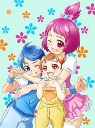 Rule 34 | 1girl, 2boys, ahoge, blonde hair, blue-fin, blue eyes, blue hair, dokidoki! precure, hair ornament, half updo, happy, heart, looking at viewer, multiple boys, open mouth, personification, pink eyes, pink hair, precure, rakeru (dokidoki! precure), rance (dokidoki! precure), sharuru (dokidoki! precure), shirt, short hair, skirt, smile, wink, yellow eyes