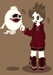 Rule 34 | amano keita, bright pupils, brown background, collarbone, fingernails, full body, ghost, hand in pocket, holding hands, hood, hood down, hoodie, limited palette, long sleeves, male focus, no lineart, nonana (mikudrop), open mouth, red hoodie, shoes, short hair, shorts, sneakers, standing, whisper (youkai watch), white pupils, youkai watch