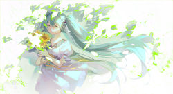 Rule 34 | 1girl, alternate costume, bad id, bad pixiv id, black ribbon, bouquet, closed mouth, clothes lift, collarbone, collared dress, dappled sunlight, day, dress, dress lift, eyelashes, facing viewer, fingernails, floating hair, flower, frilled sleeves, frills, green eyes, green hair, green theme, hair between eyes, hair ribbon, hands on own chest, happy, hatsune miku, highres, holding, holding bouquet, leaf, light smile, long hair, looking to the side, puffy short sleeves, puffy sleeves, ribbon, shaded face, short dress, short sleeves, solo, sunflower, sunlight, tareme, twintails, very long hair, vocaloid, white dress, wind, wind lift, xiaojiaju, yellow flower