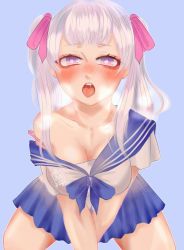 Rule 34 | 1girl, 4 nger, ahegao, alternate costume, black clover, blue background, blush, bra strap, breasts, cleavage, heavy breathing, kneeling, large breasts, long hair, looking at viewer, noelle silva, open mouth, oral, oral invitation, parted lips, purple eyes, saliva, school uniform, simple background, skirt, solo, breath, tagme, tongue, tongue out, twintails, watermark, white hair