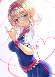 Rule 34 | 1girl, alice margatroid, ascot, blonde hair, blue dress, blue eyes, brown footwear, capelet, cross-laced footwear, dress, frilled ascot, frilled dress, frilled hairband, frills, hairband, highres, lolita hairband, puffy short sleeves, puffy sleeves, red ascot, red hairband, reijing etrn, short hair, short sleeves, solo, touhou, white capelet