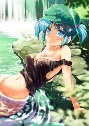 Rule 34 | 1girl, arm support, blue eyes, blue hair, blush, bottomless, bush, female focus, hair bobbles, hair ornament, hat, kawashiro nitori, looking at viewer, matching hair/eyes, navel, off shoulder, out-of-frame censoring, partially submerged, porurin (do-desho), short hair, smile, solo, strap slip, tank top, touhou, twintails, water, waterfall
